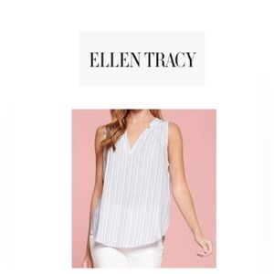Ellen Tracy Linen Sleeveless Top Womens Blue White Stripe Button Up Neckline S
